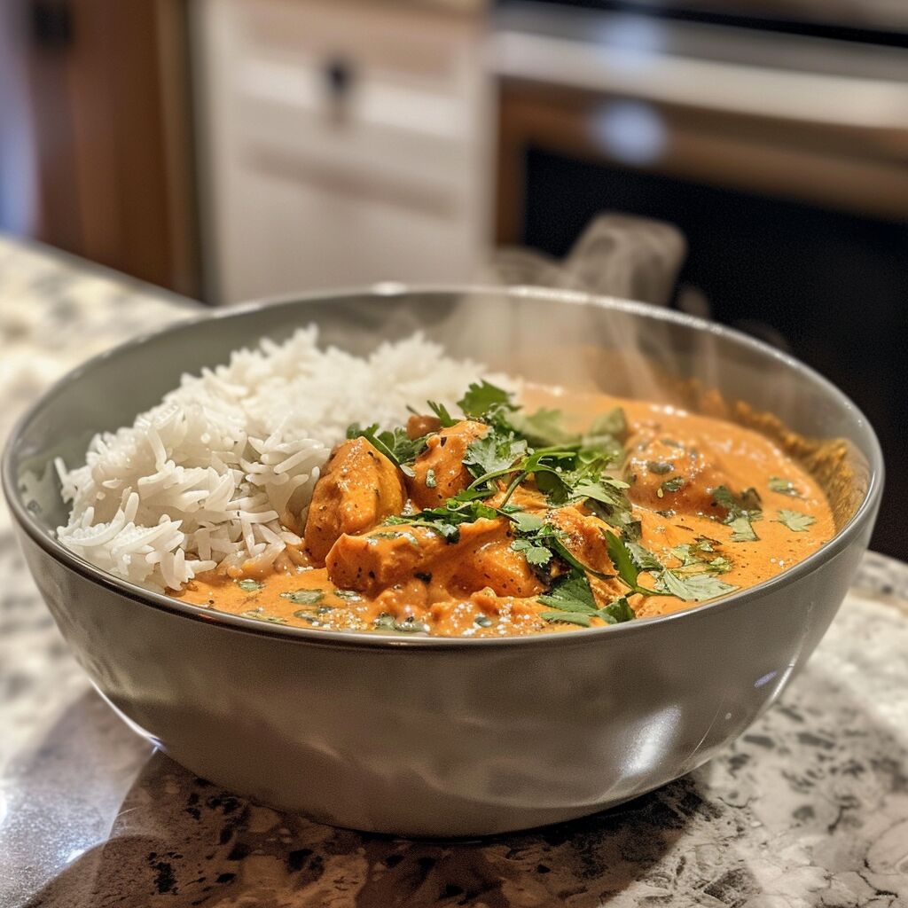 A bowl of butter chicken and rice