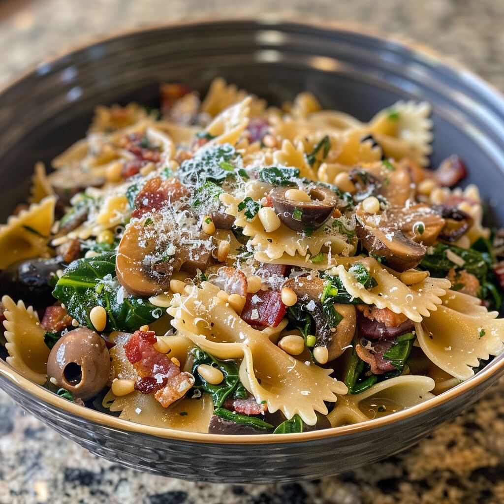 A bowl of Bacon, Mushroom, Olives and Spinach Pasta