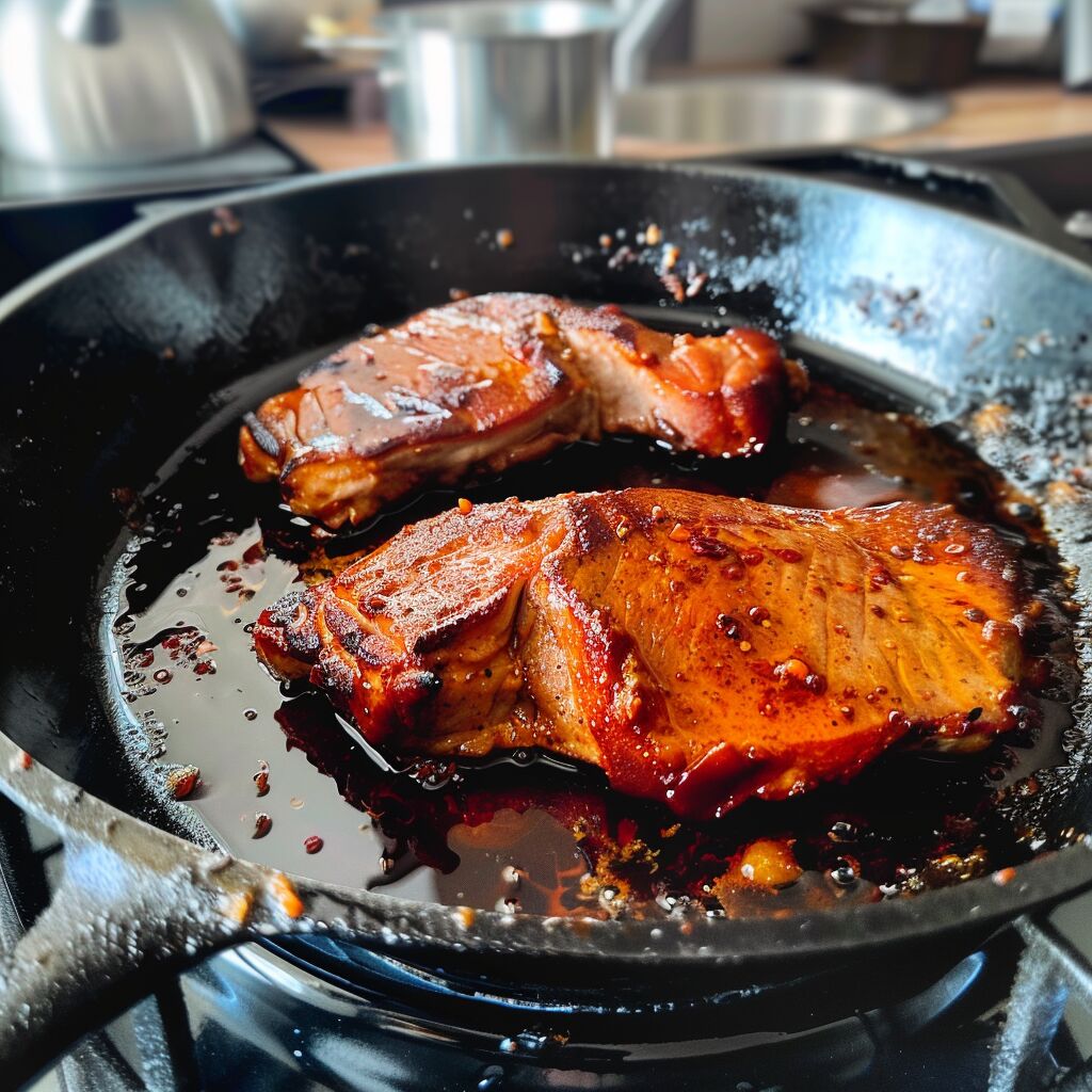 Pork fillet sizzling in a pan