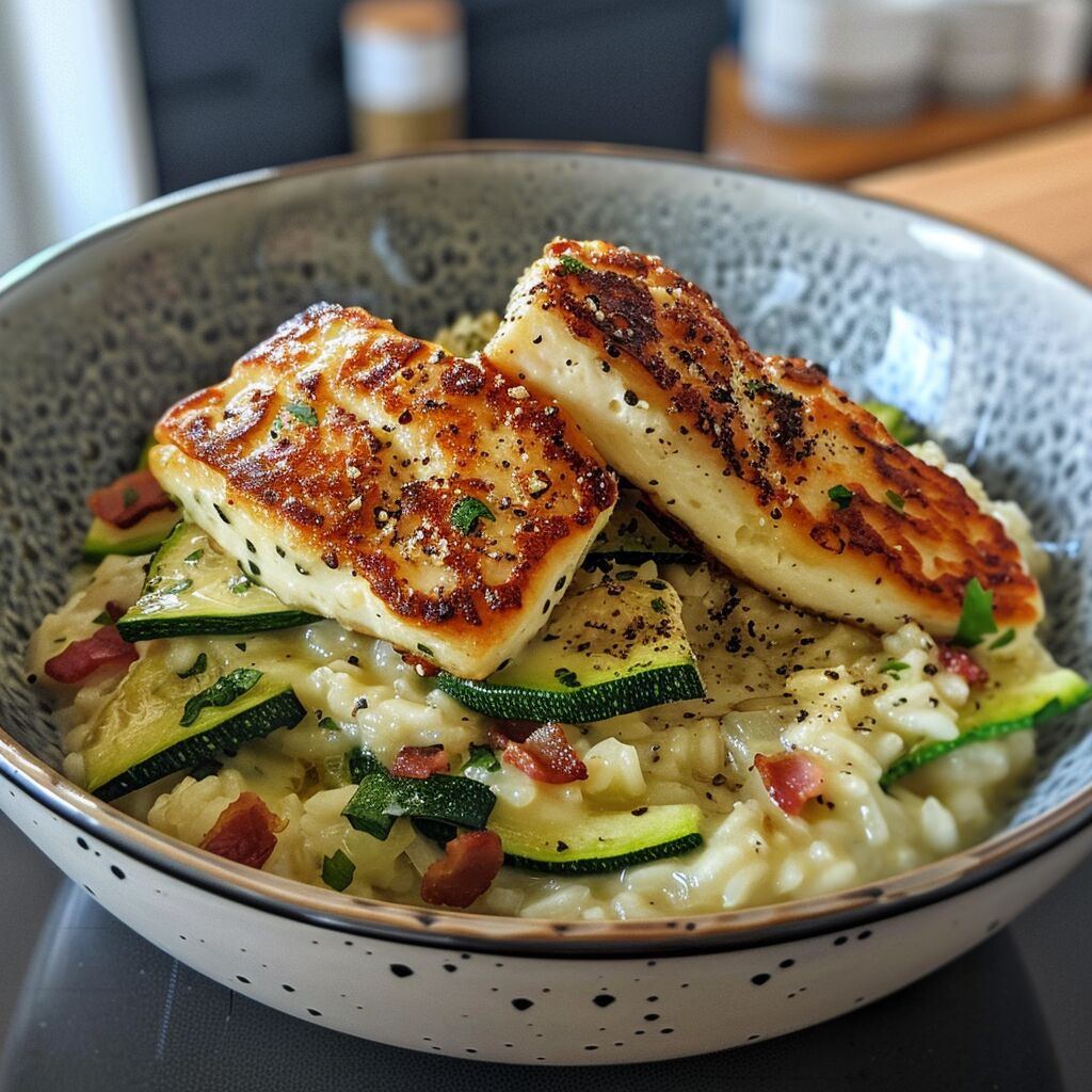 A bowl of Courgette, Bacon, and Halloumi risotto