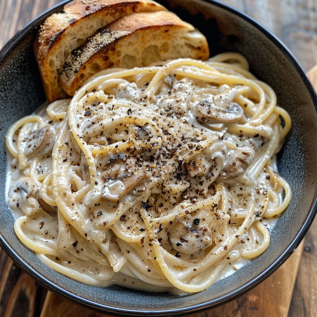 A bowl of creamy porcini pasta with bread