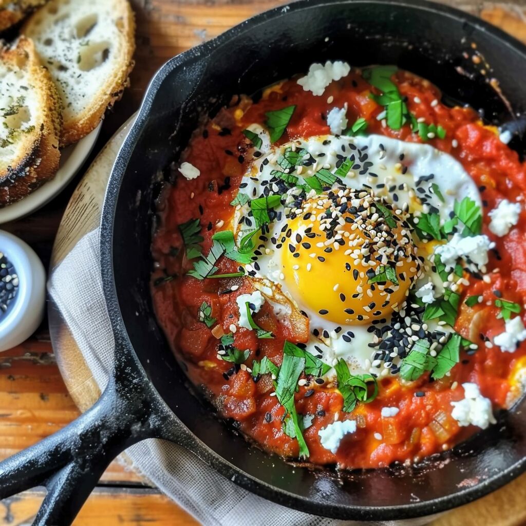 Moroccan baked eggs in a skillet with bread to the side