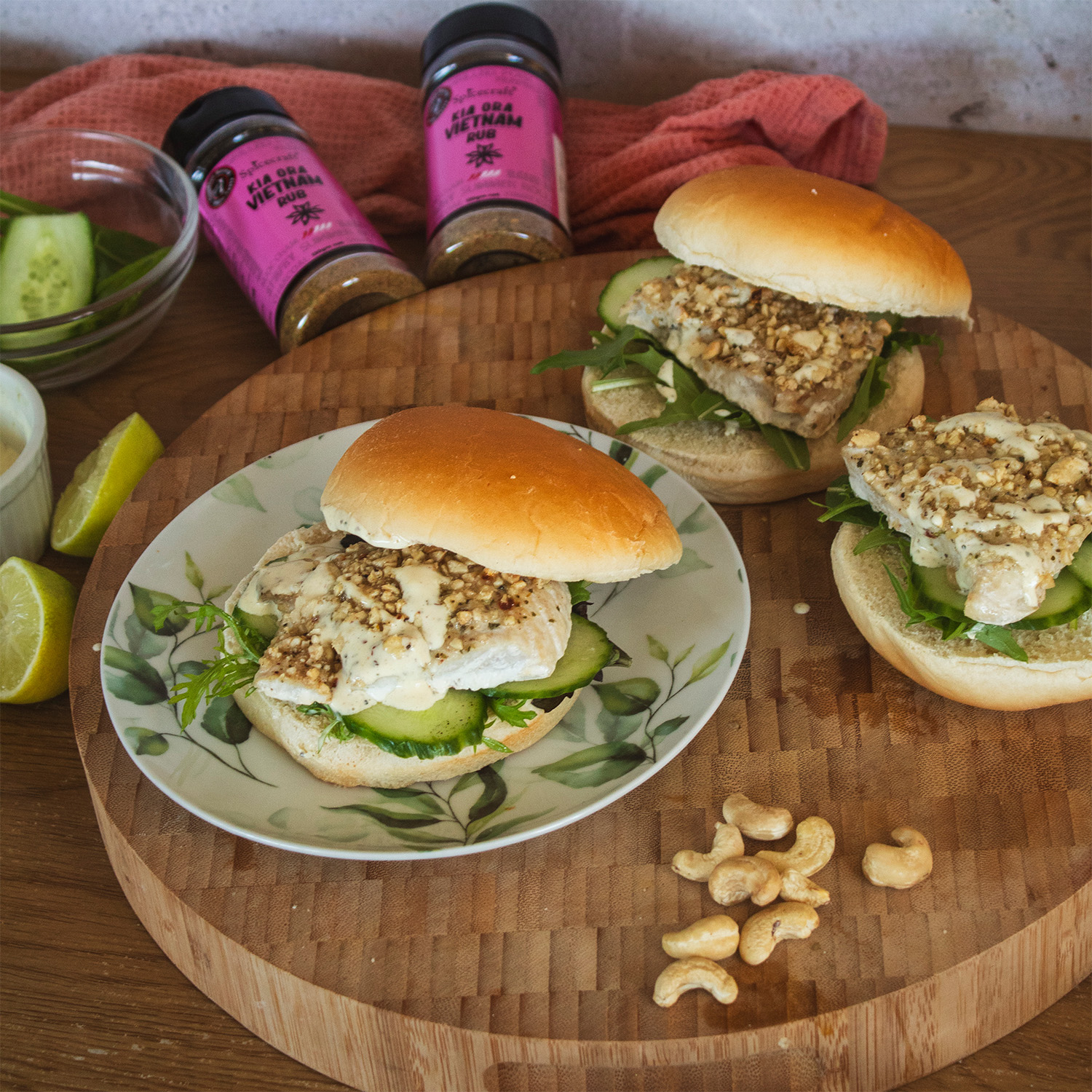 Vietnamese Cashew-Crusted Fish Burgers with Spicy Mayo