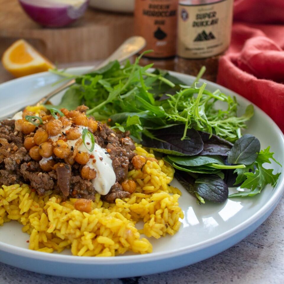 Moroccan Lamb and Spiced Rice with Crispy Fried Chickpeas